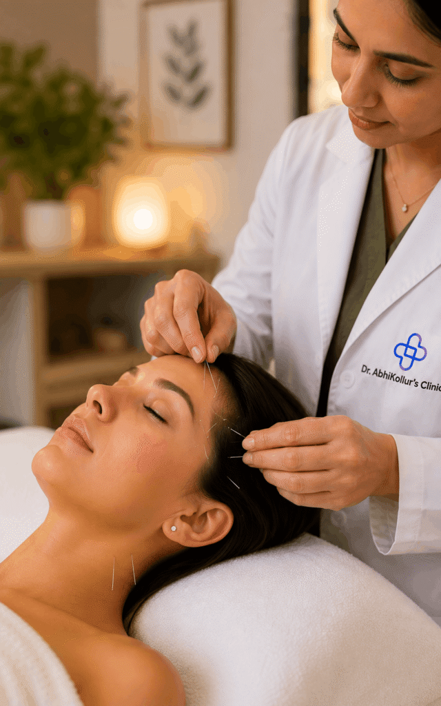 Clinical acupuncture applied to neck Clinical acupuncture applied to neck and temple meridian points for chronic migraine relief at Dr. Abhikollur Naturopathic Care Centre in Bangalore