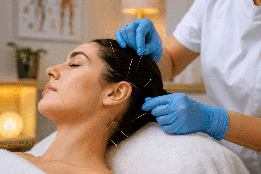 How Acupuncture Relieves Migraines Board-certified naturopath applying sterile clinical acupuncture needles to head and neck meridian points for chronic migraine treatment at Dr. Abhikollur's clinic in Bangalore