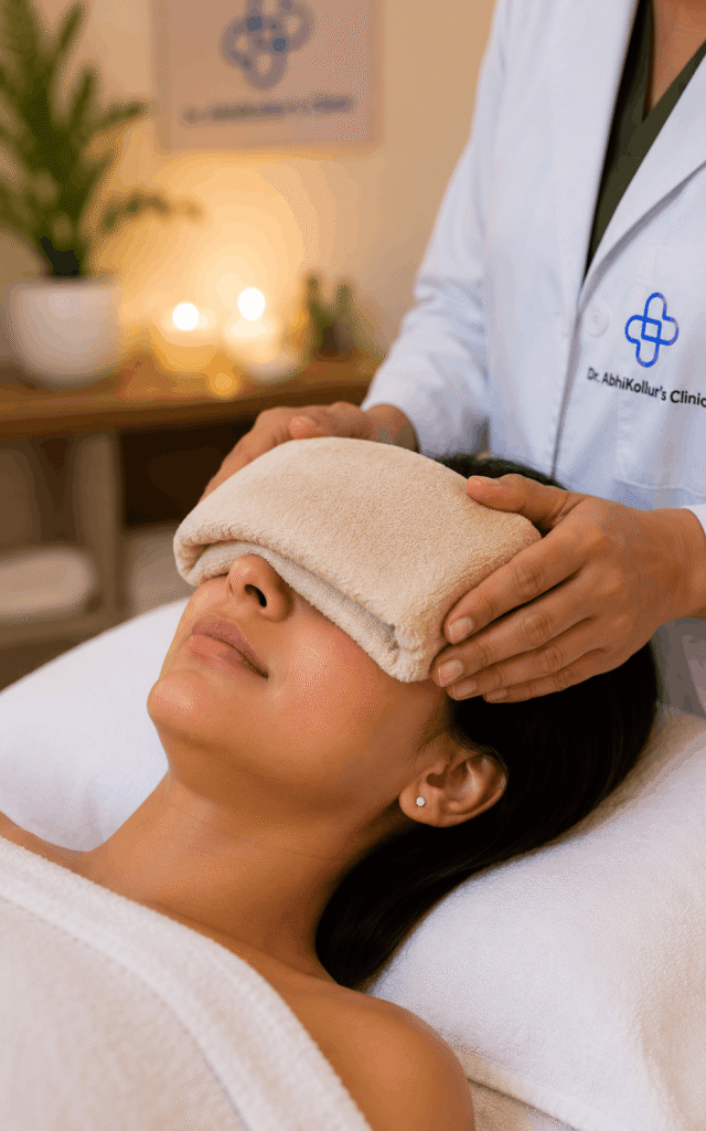 Patient receiving therapeutic hydrotherapy Patient receiving therapeutic hydrotherapy and natural tension relief for vestibular migraines at our Vidyaranyapura clinic
